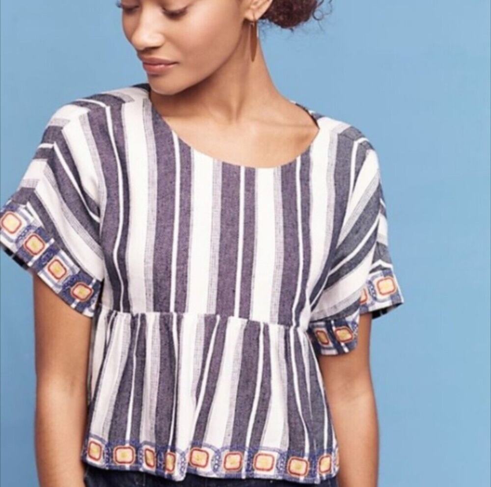 Anthropologie Maeve Linen Blend Short Sleeve Embroidered White/Blue Top Size XS